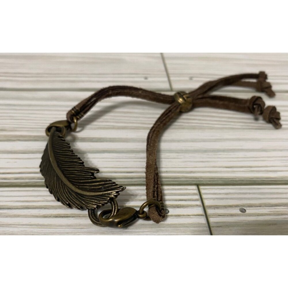 Vintage Brass Feather Adjustable Bracelet With Brown Suede Cord